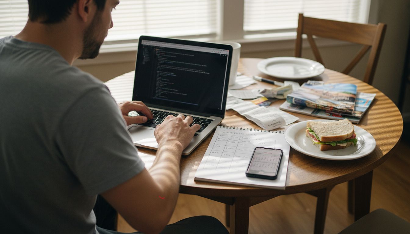 Man comparing rental prices at home table