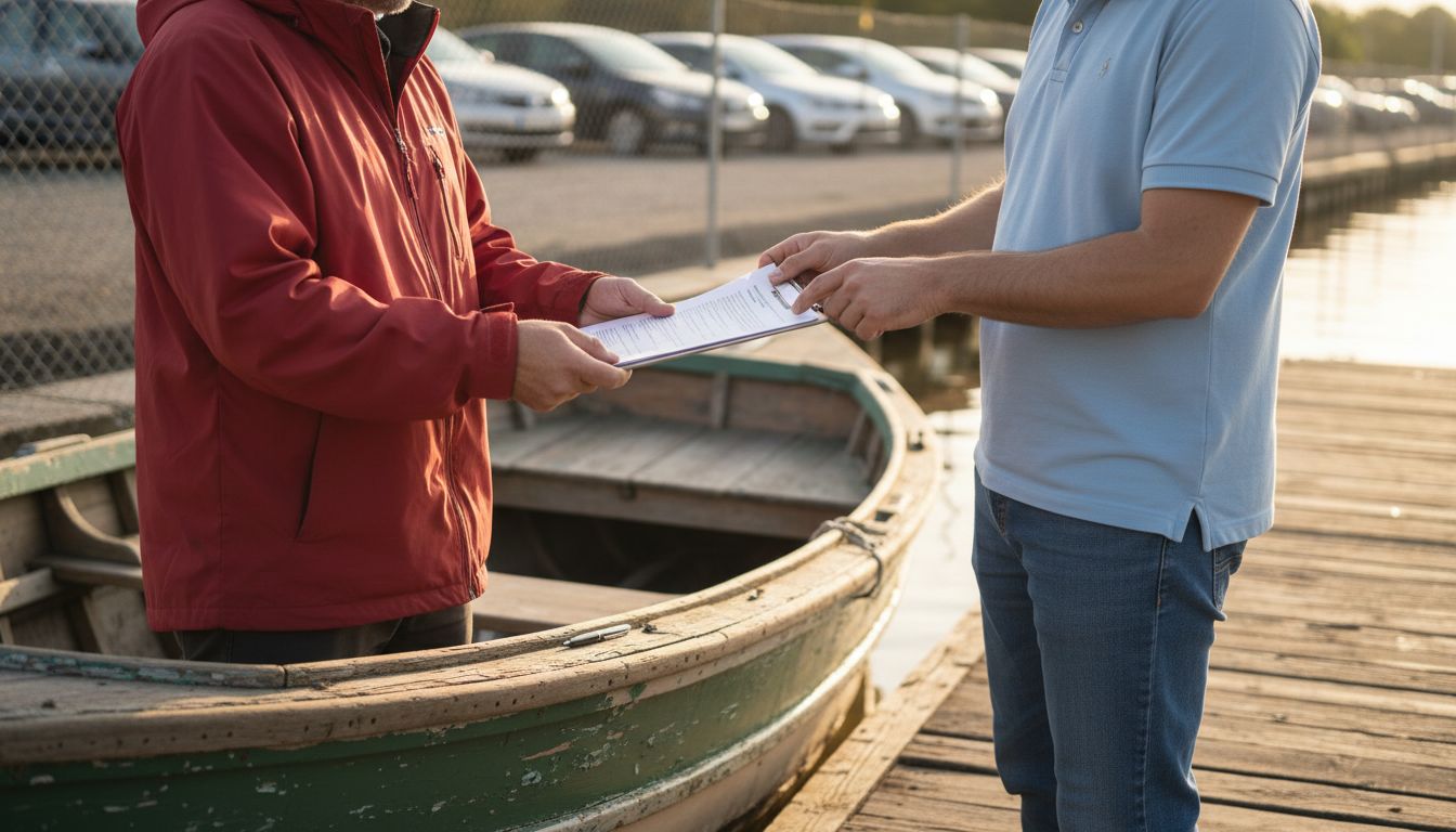 People exchanging boat rental agreement outdoors