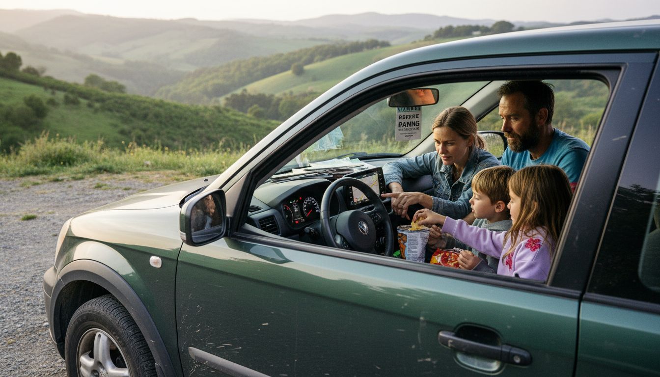 Family in rental car on countryside trip