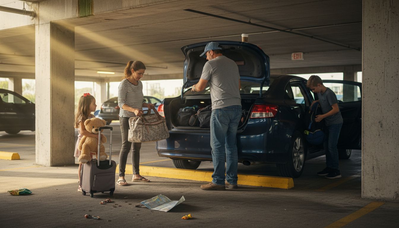 Family loading luggage into rental car