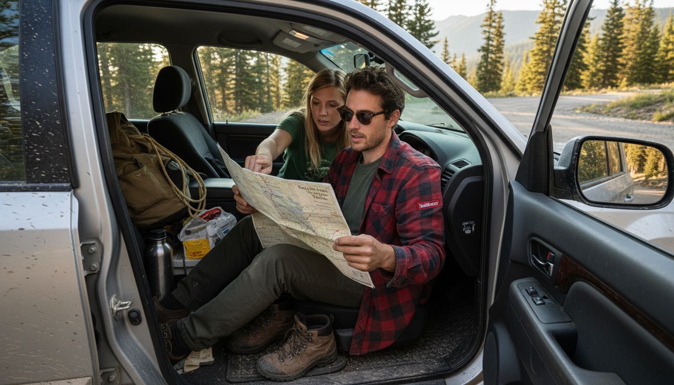 Adventure couple planning SUV mountain route