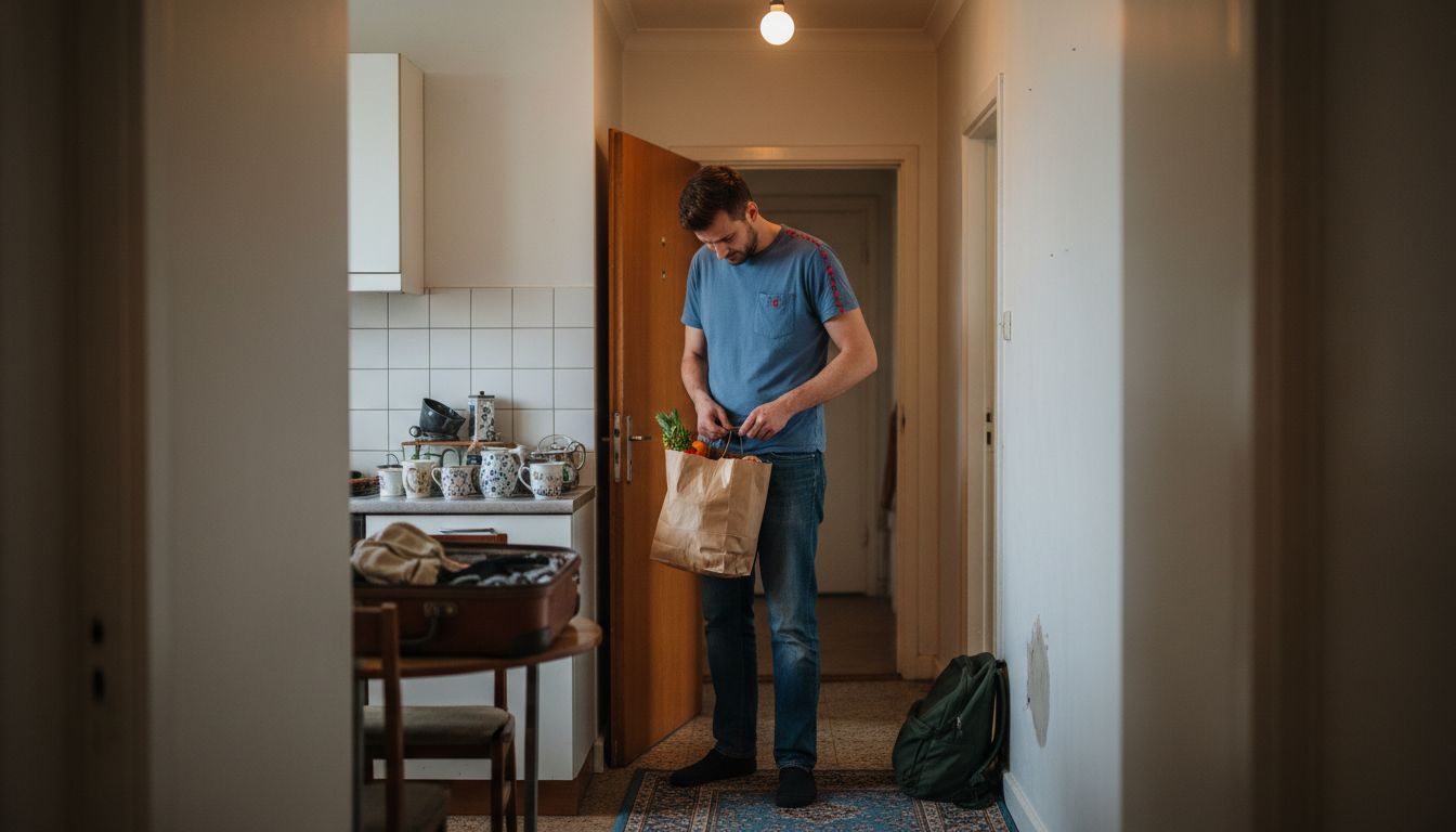Traveler unlocking door in apartment hallway