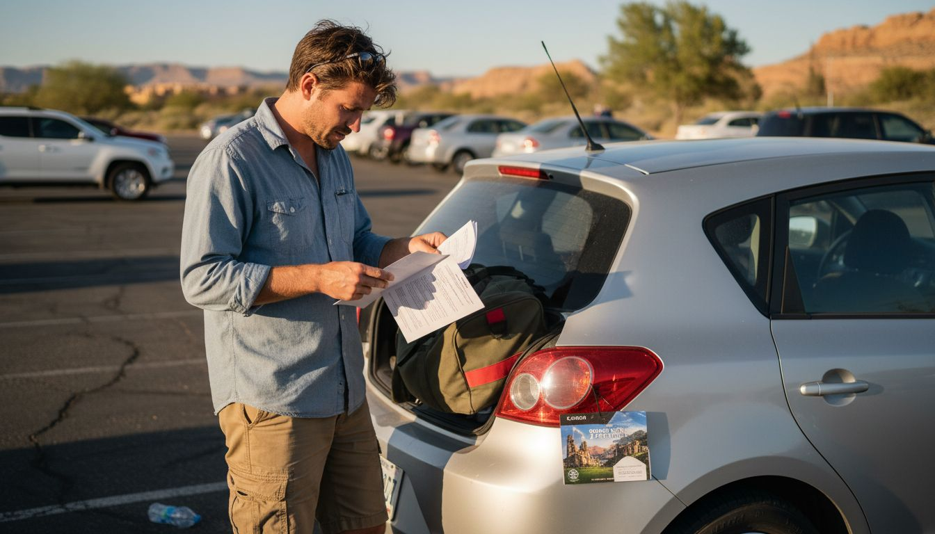 Traveler reviewing vehicle agreement by car