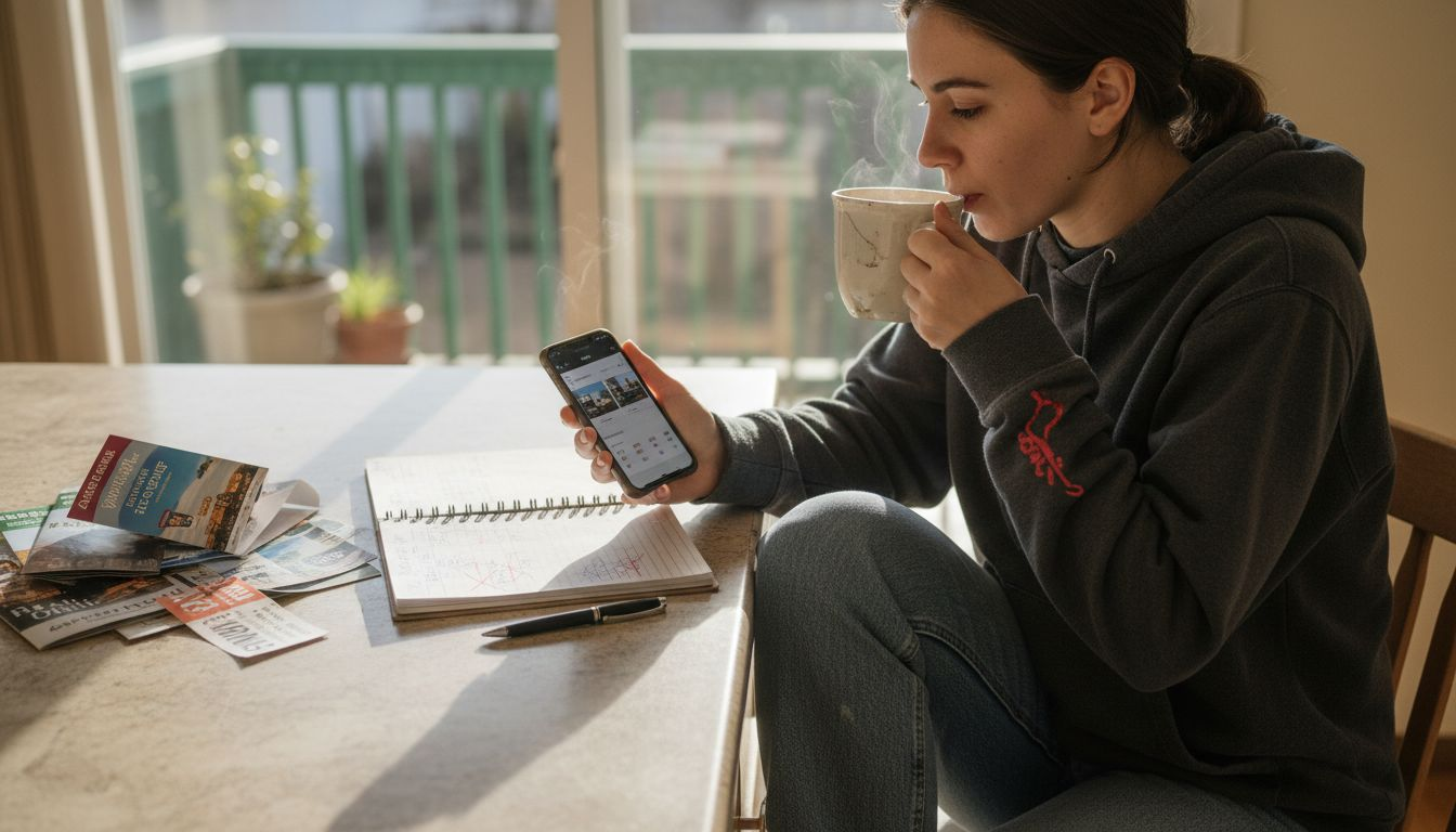 Traveler comparing rental prices at counter