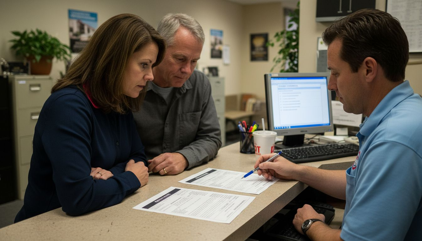 Couple and agent comparing rental features