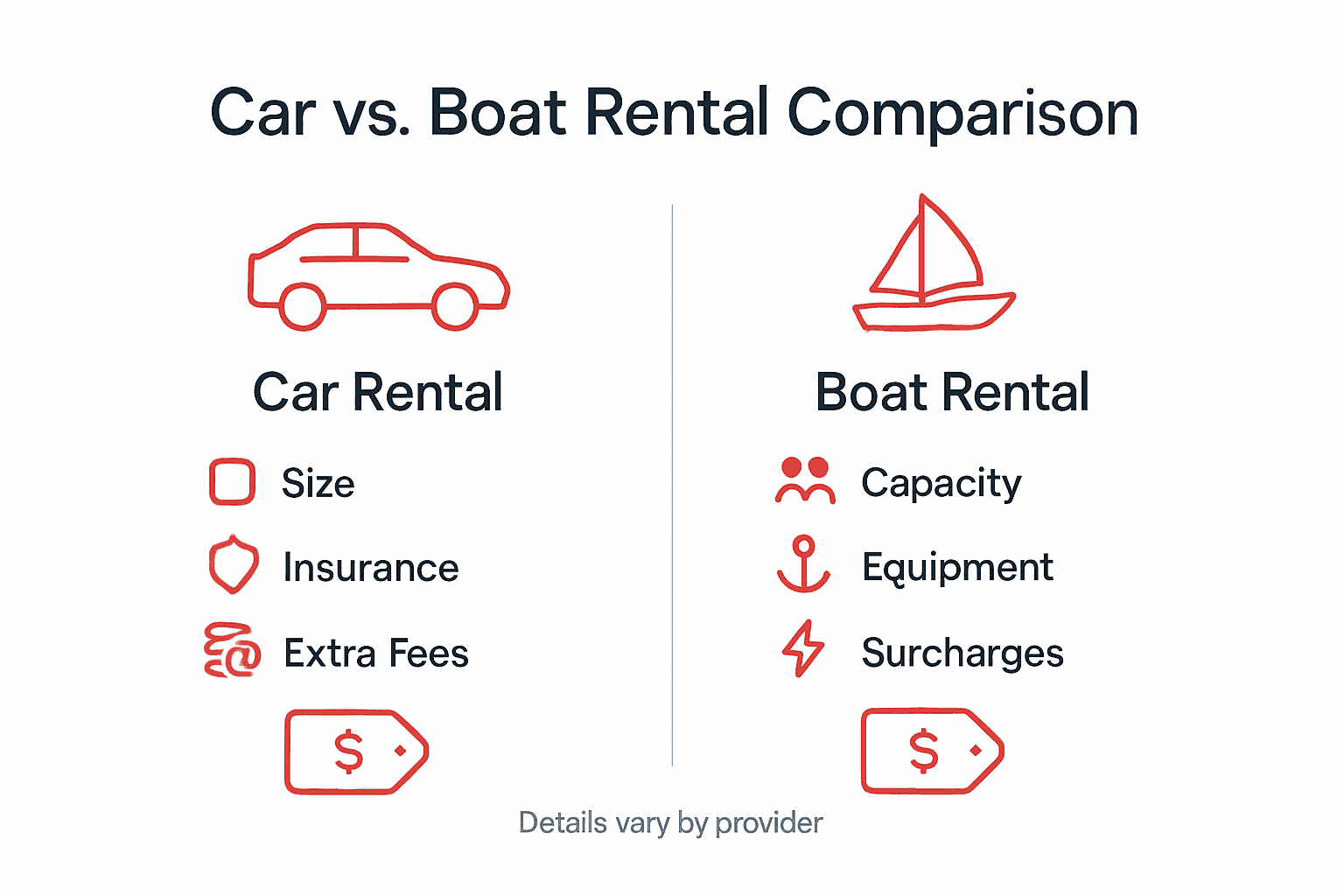 Infographic comparing car and boat rental features