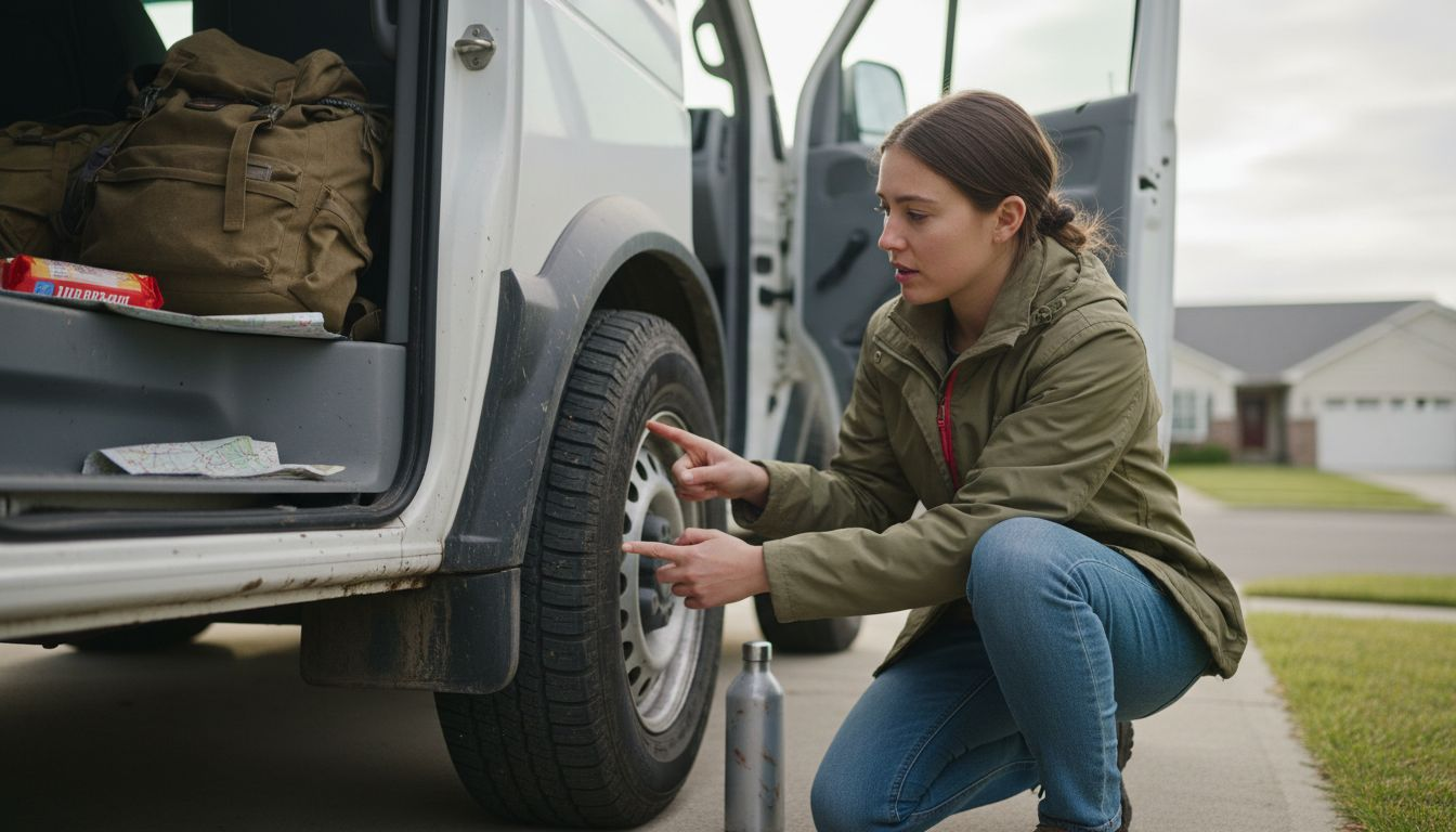 Woman doing van inspection before adventure rental