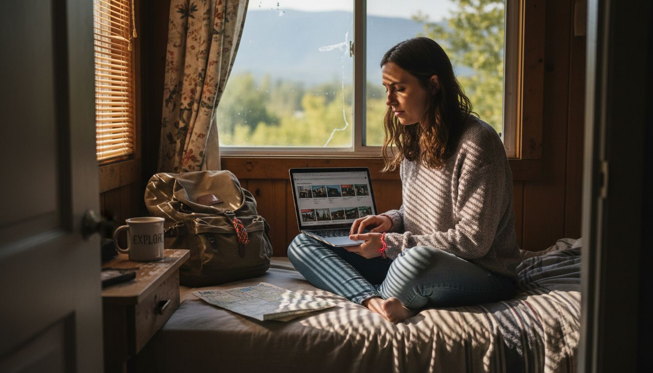Traveler comparing seasonal rental options in cabin