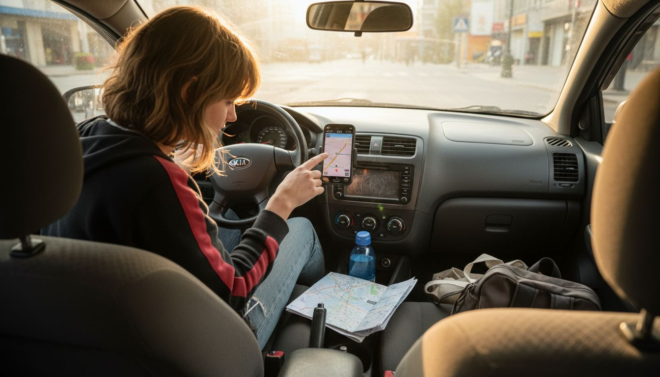 Friends plan route inside rental car