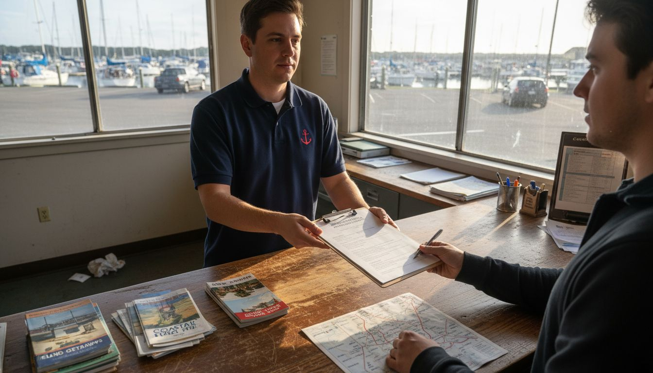 Rental agent explains agreement details at marina counter