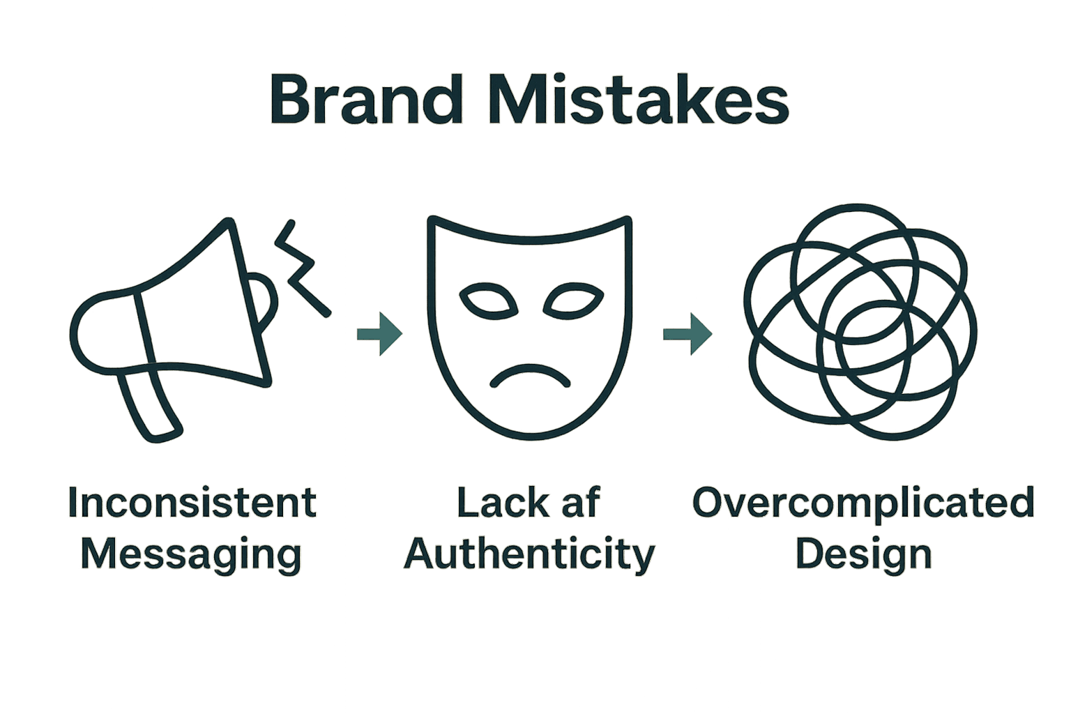 Infographic illustrating three key brand identity mistakes with icons.