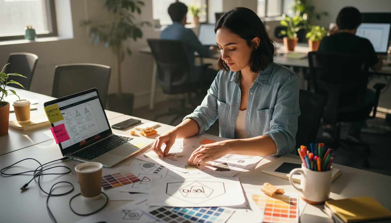 Designer arranging brand identity drafts