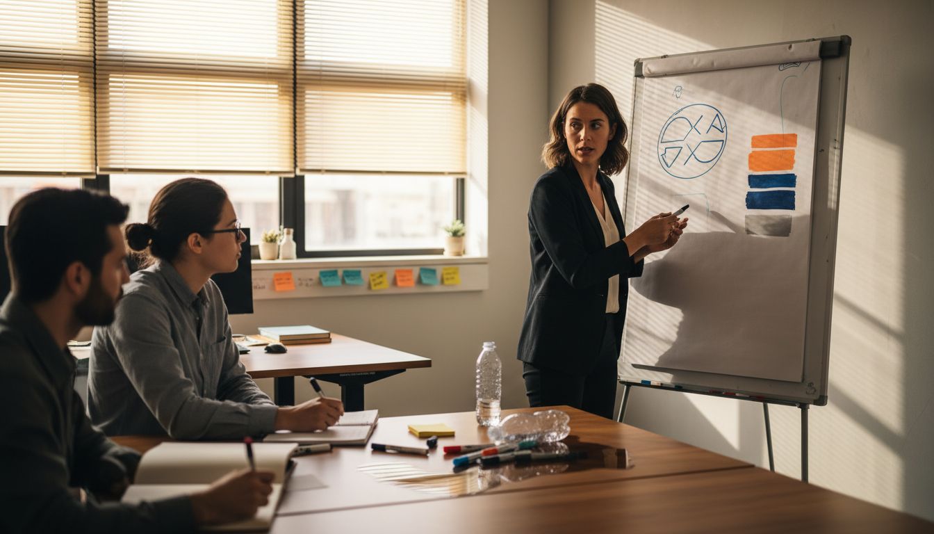 Manager presenting hand-drawn branding concepts
