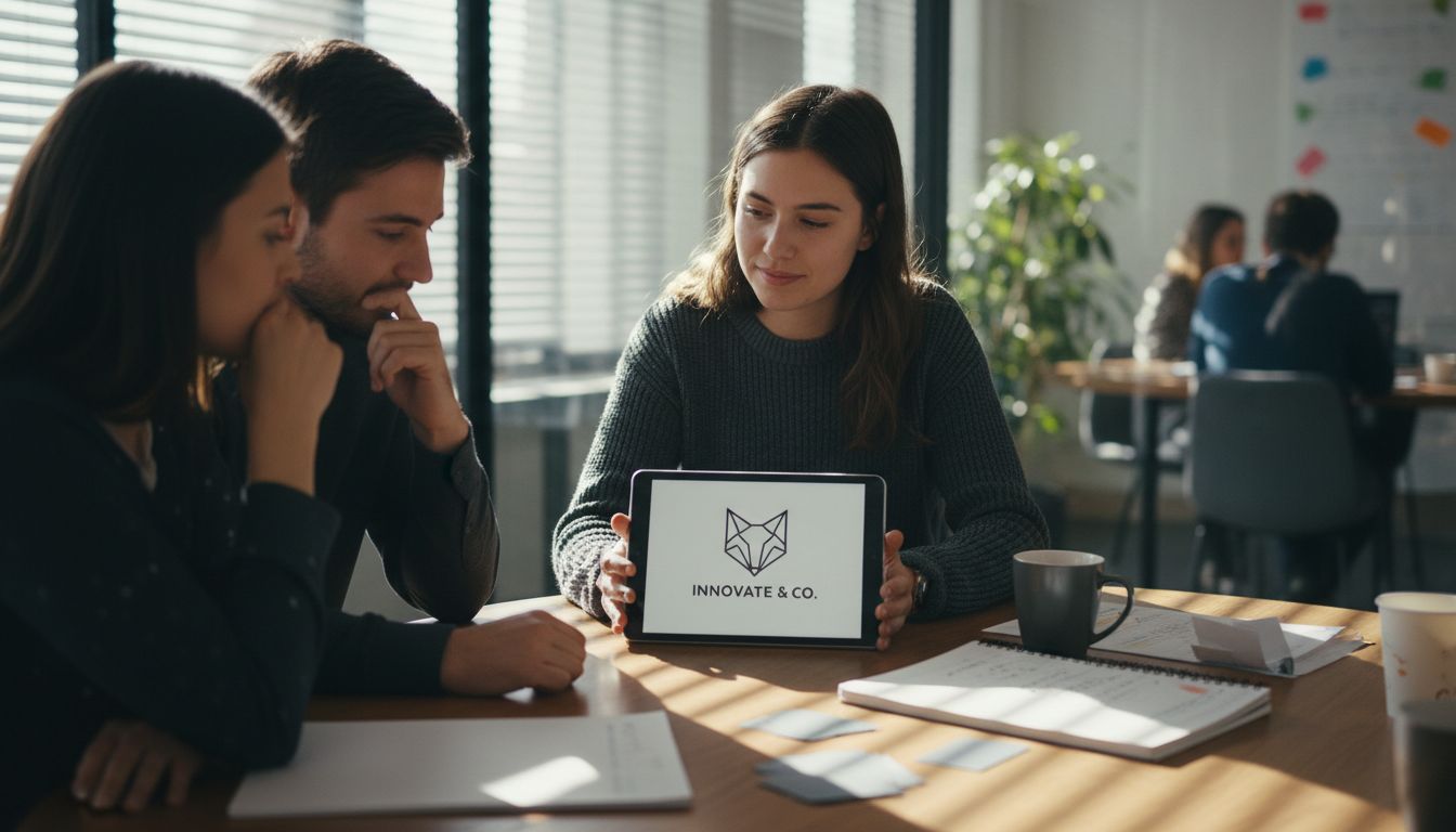 Startup founder discusses logo design with team