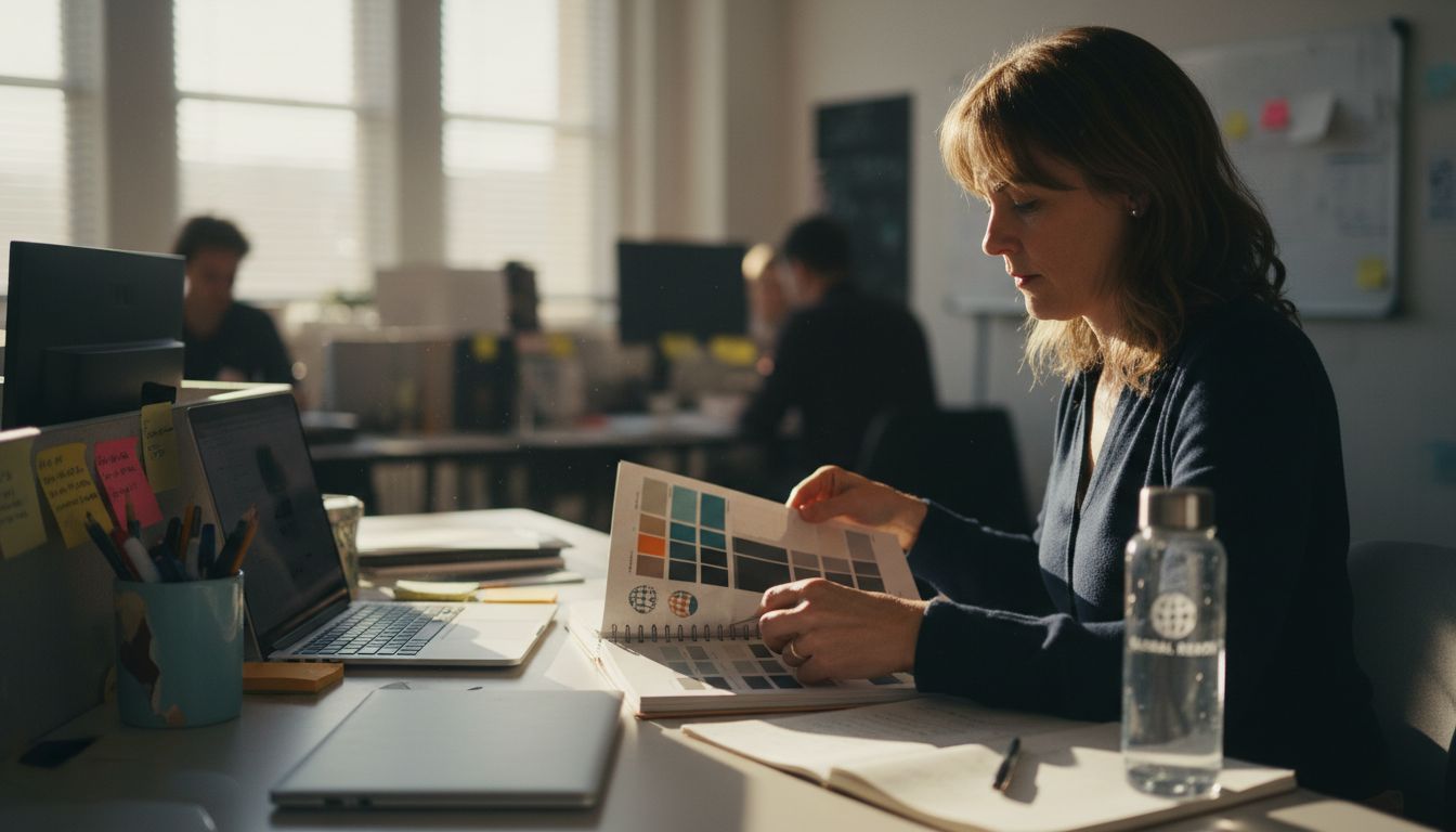 Woman reviewing printed brand style guide