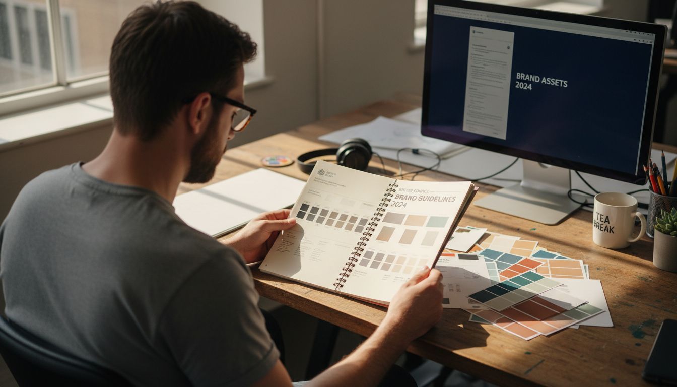 Designer inspecting brand guidelines booklet at desk