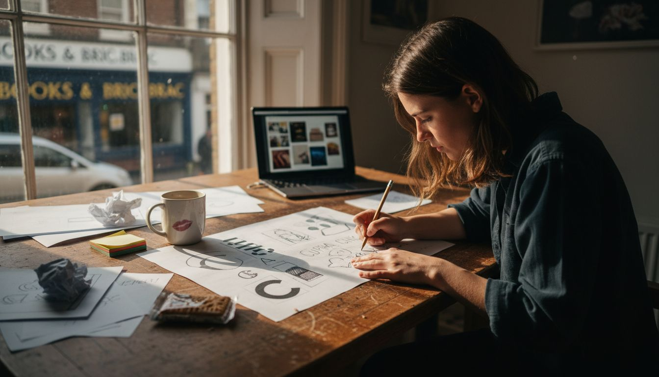 How to Launch a Brand: Step-by-Step Guide for UK Businesses 1 Designer sketches logos on cluttered drafting table