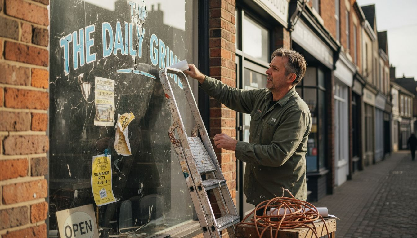 Why Refresh Logos – Connecting with Modern Audiences 1 Shop owner replacing faded storefront logo
