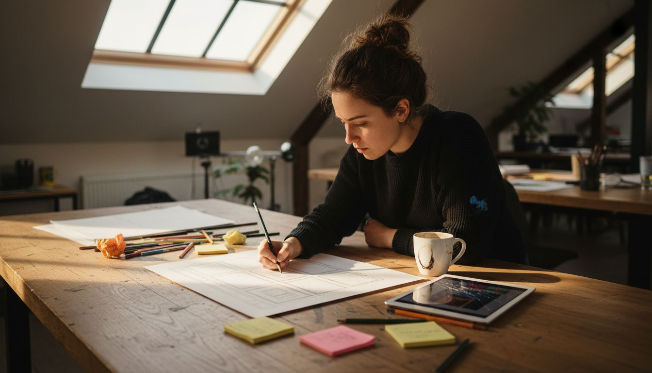 Web Design Process Guide for Leeds Business Owners 1 Web designer sketching wireframes at desk