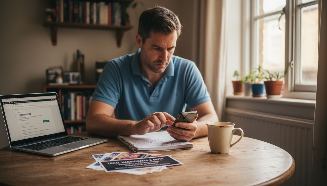 Digital Branding Explained: Building Trust Online 1 Business owner scheduling social posts at table