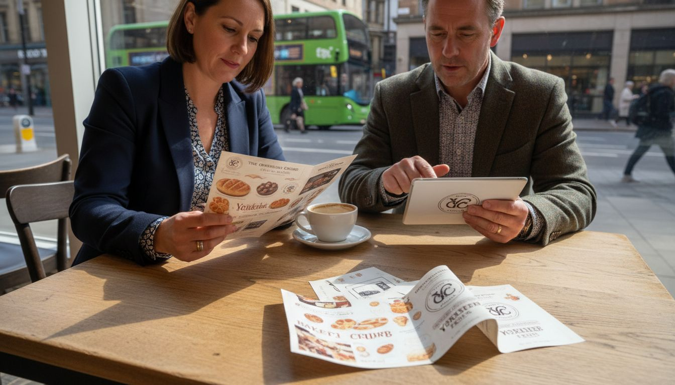 Leeds business owners review brand materials in café