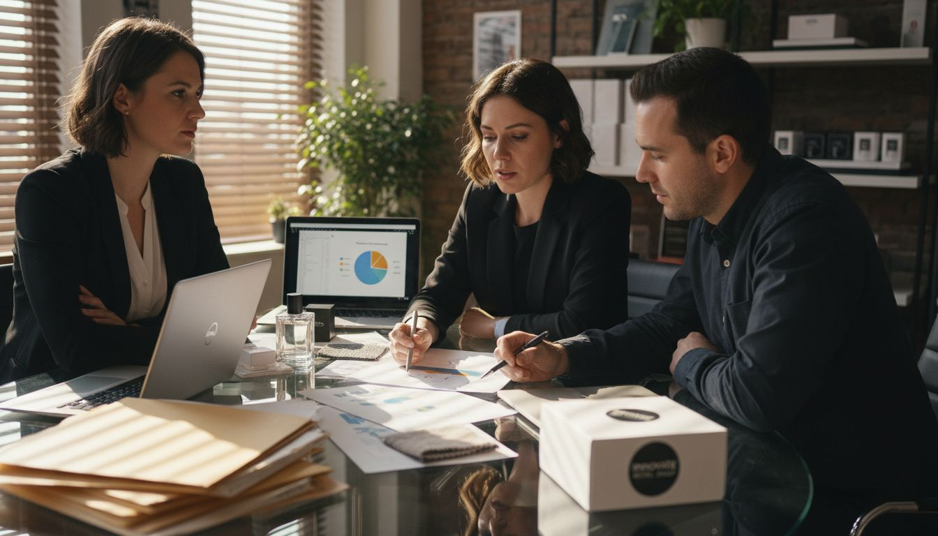 Retail team discussing brand strategy documents