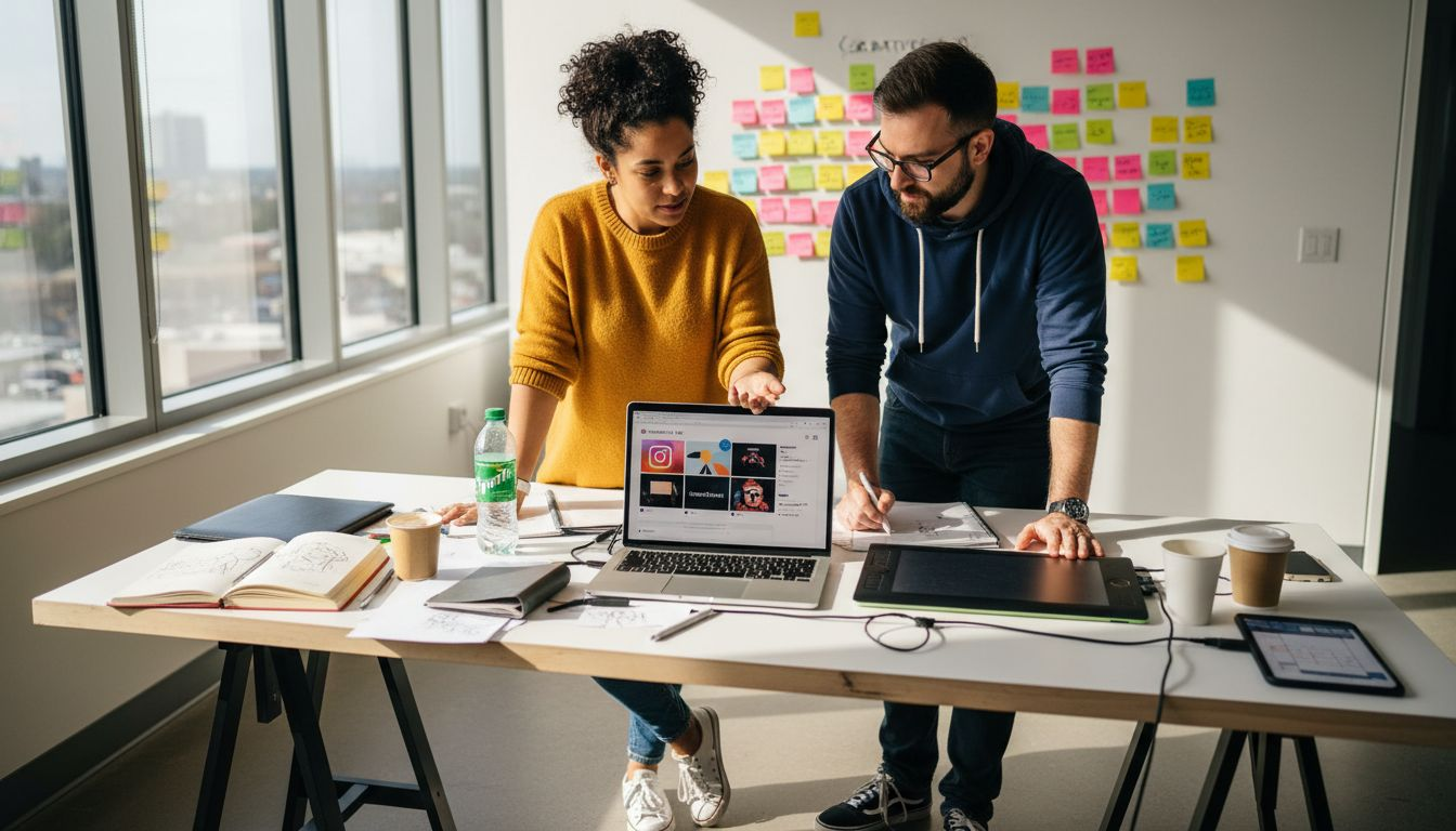 Colleagues collaborating on social branding visuals