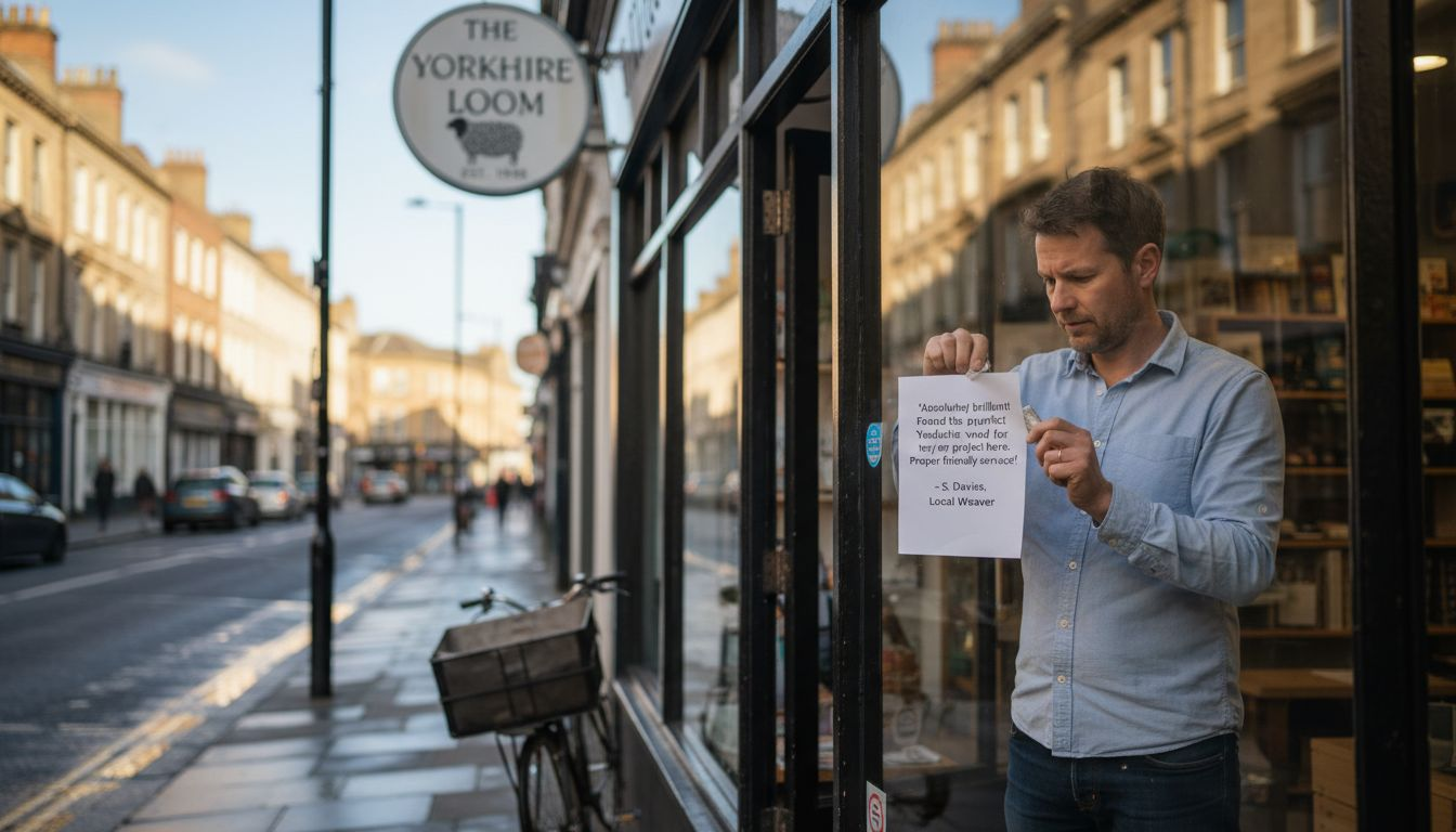Leeds shop owner updating storefront reviews