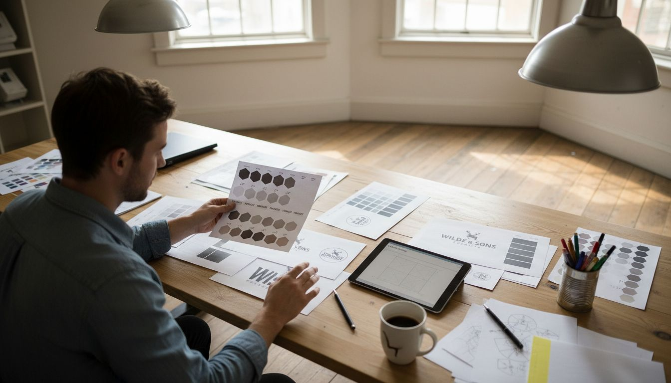 Designer reviews brand color and logo samples