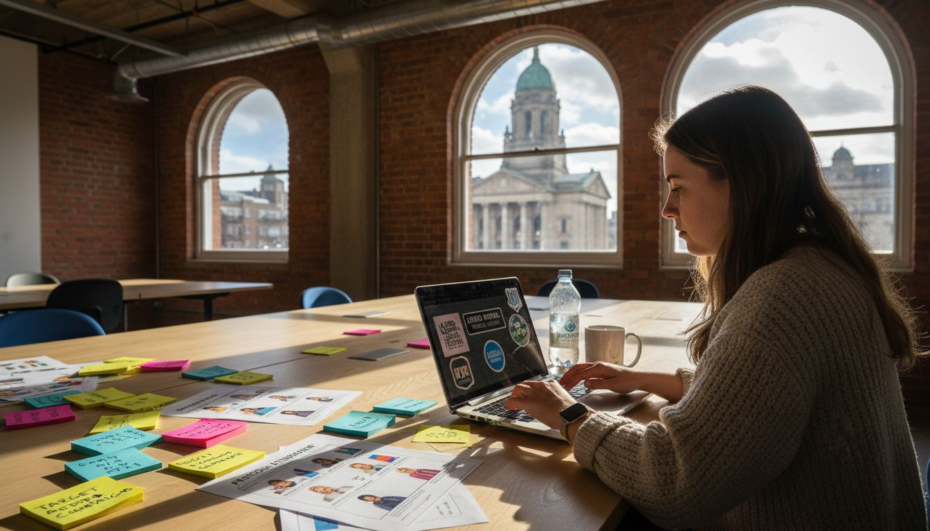 Executive creating customer persona at cluttered desk