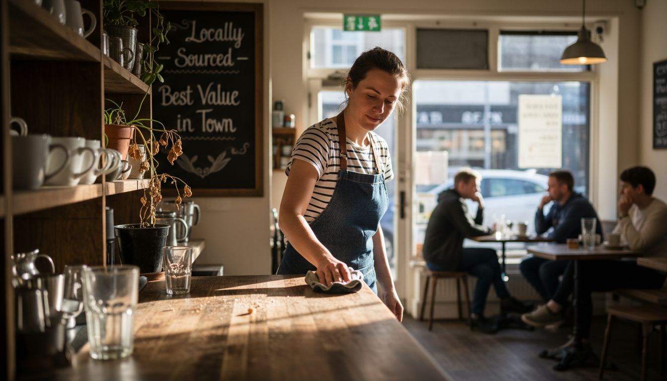 Barista in Leeds café with value signage