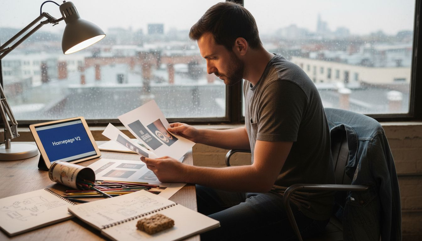 How to Choose Brand Colours for Maximum Impact 1 Designer comparing colour mockups at messy desk