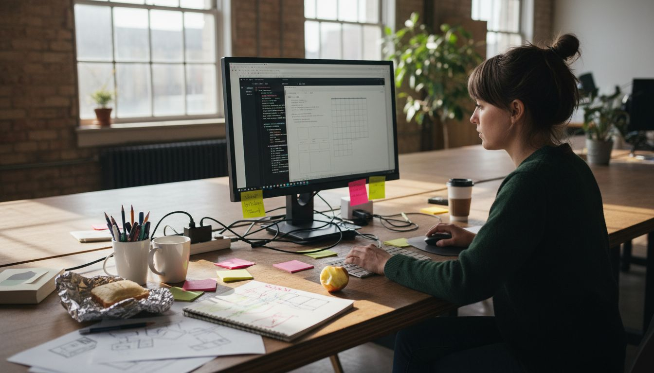 Developer editing flexible layout at cluttered desk