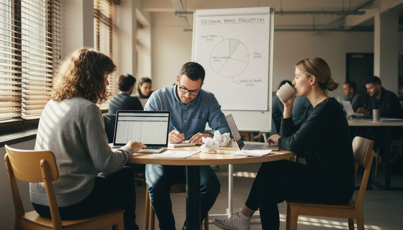 Team evaluating brand consistency together