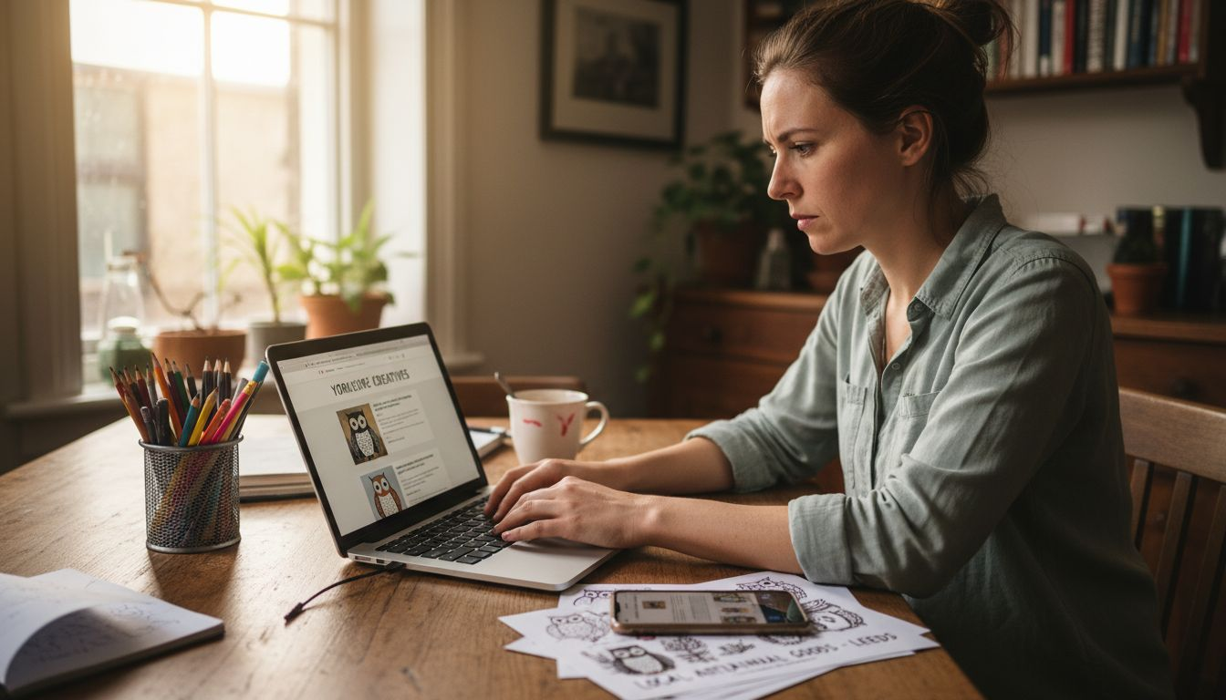Business owner updating materials with custom art