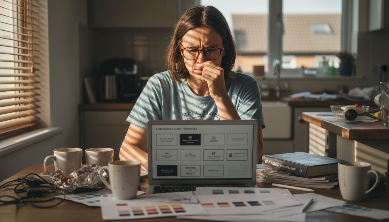 Business owner struggling with logo design at home