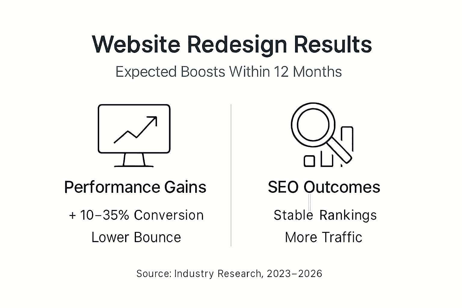 Plan a Website Redesign: 35% Conversion Boost in 2026 2 Infographic showing website redesign outcome benchmarks