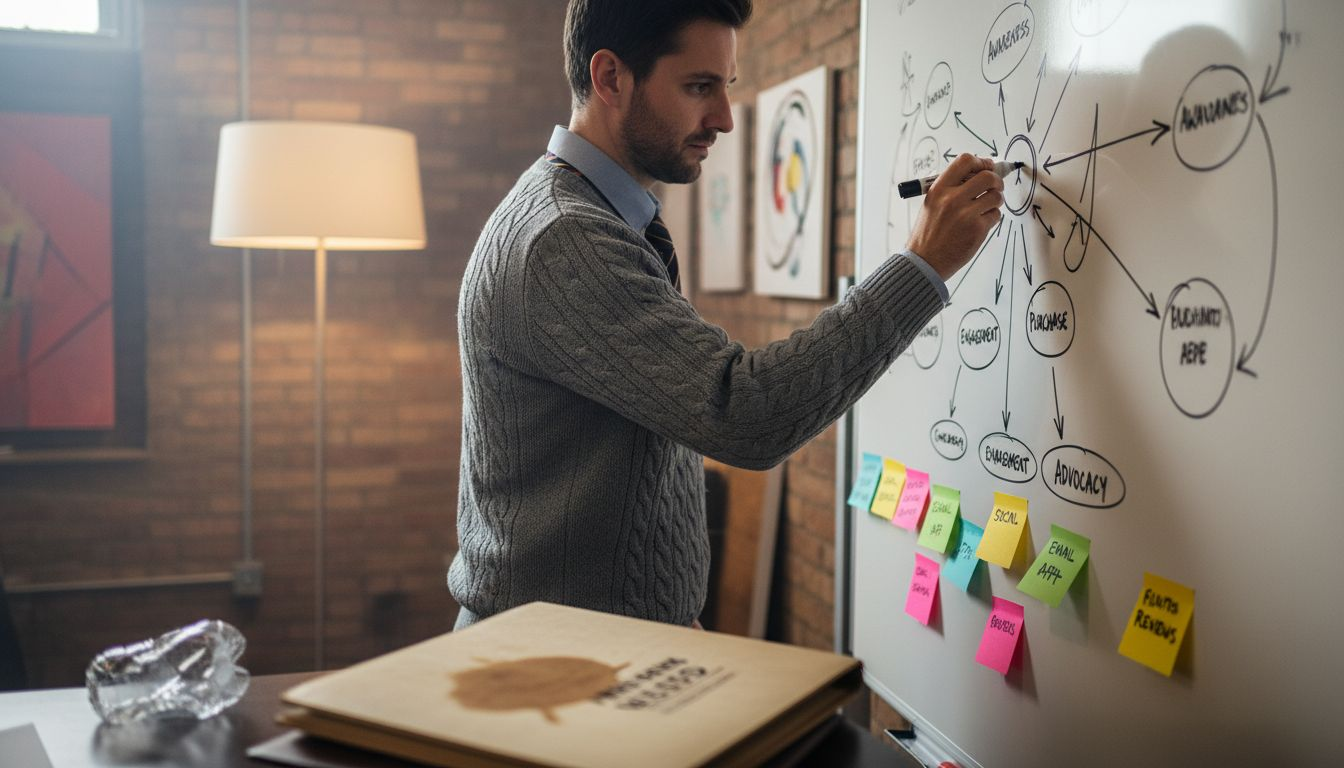 Consultant sketching brand strategy on whiteboard