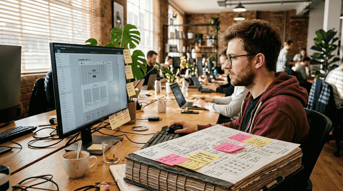 Web designer organizing flat interface layouts