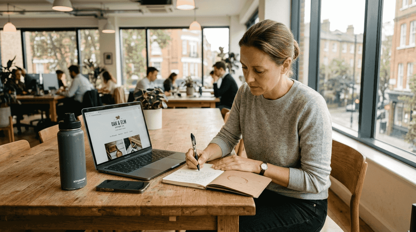 Why choose minimalist design for your UK business brand 1 Entrepreneur writes in clean shared workspace