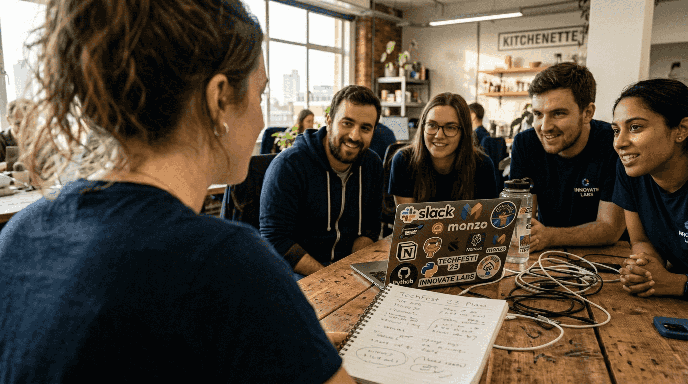 Employee sharing brand story with team