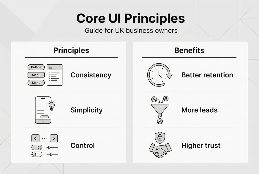 Infographic with core UI principles and business benefits