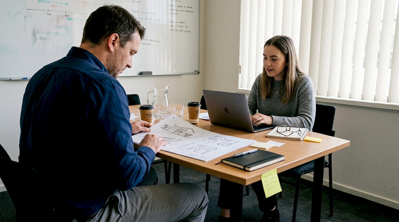 Master the role of mockups in design for better outcomes 1 Client and designer reviewing paper mockup