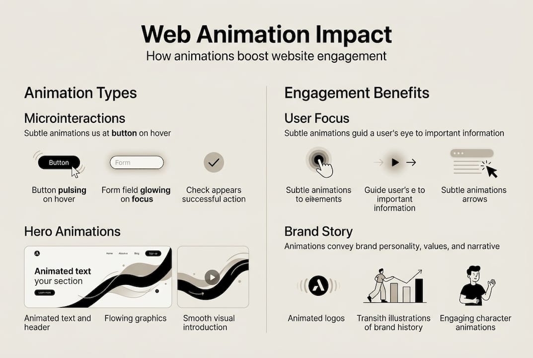 Unlock the role of web animations to boost engagement 2 Infographic showing animation types and engagement benefits