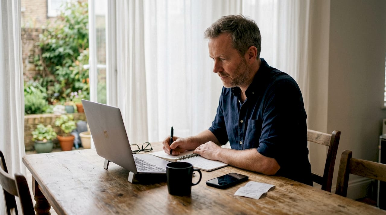 Man planning marketing strategy at home table