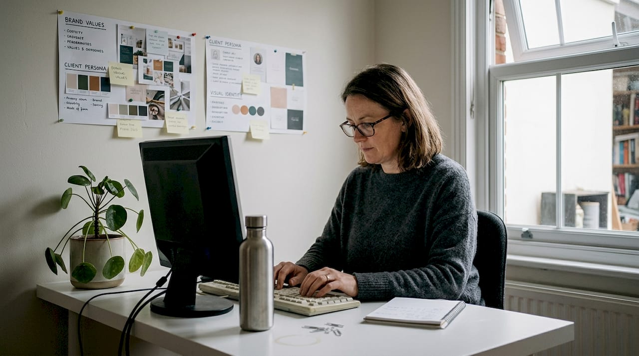 Minimalist design: Branding clarity for UK businesses 2 Business owner working at minimalist home desk
