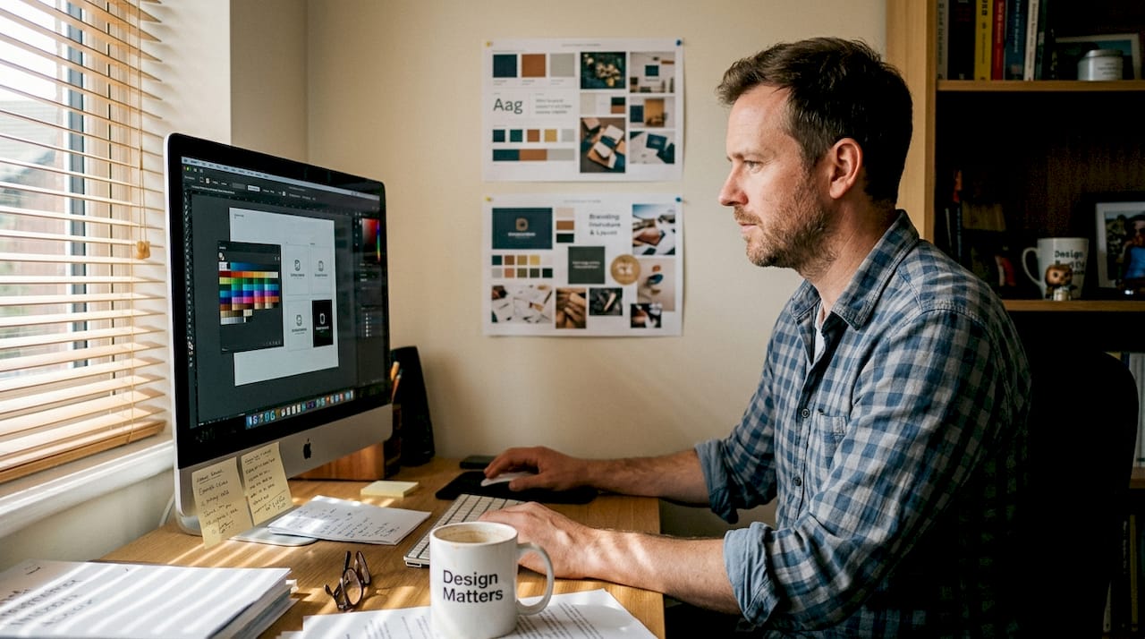 5 benefits of professional branding for UK small businesses 1 Designer comparing branding mood boards at desk