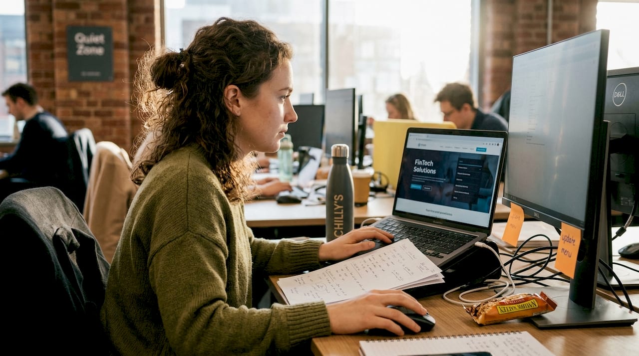 How to structure a website for UK small businesses 2 Woman clicking website navigation in workspace