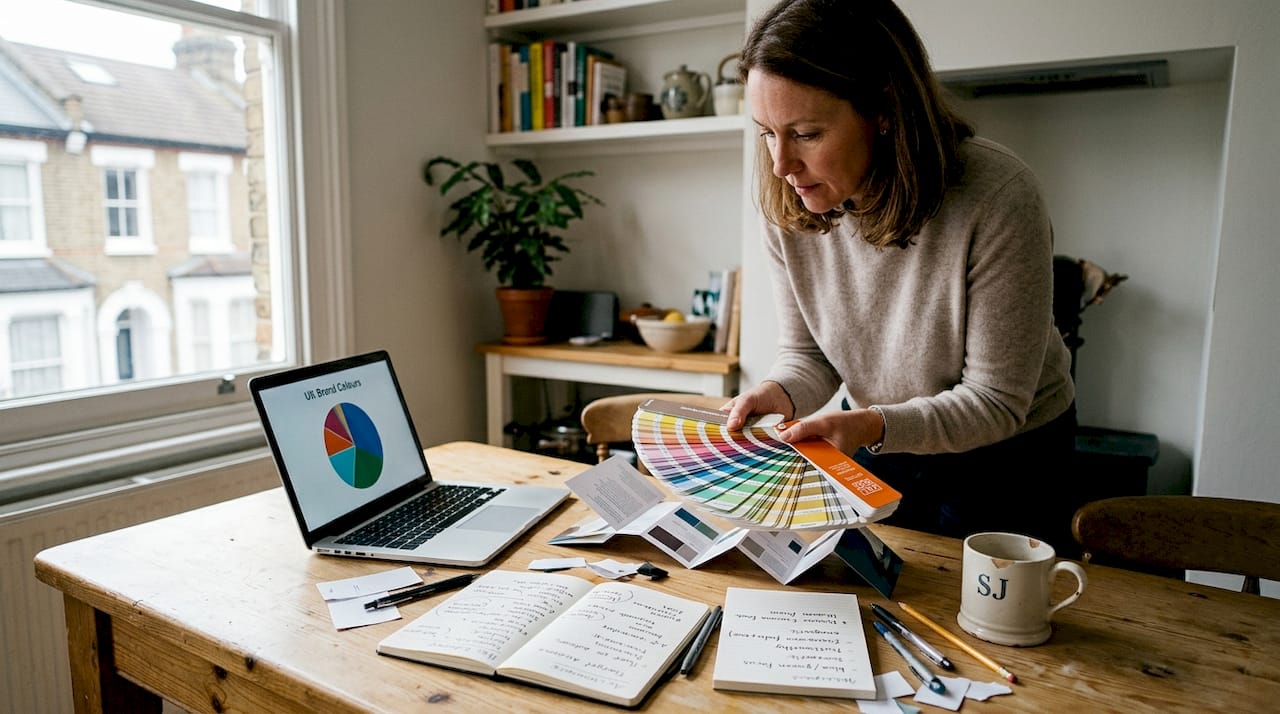 Brand colour psychology: boost UK business recognition 1 Business owner comparing colour samples at kitchen table