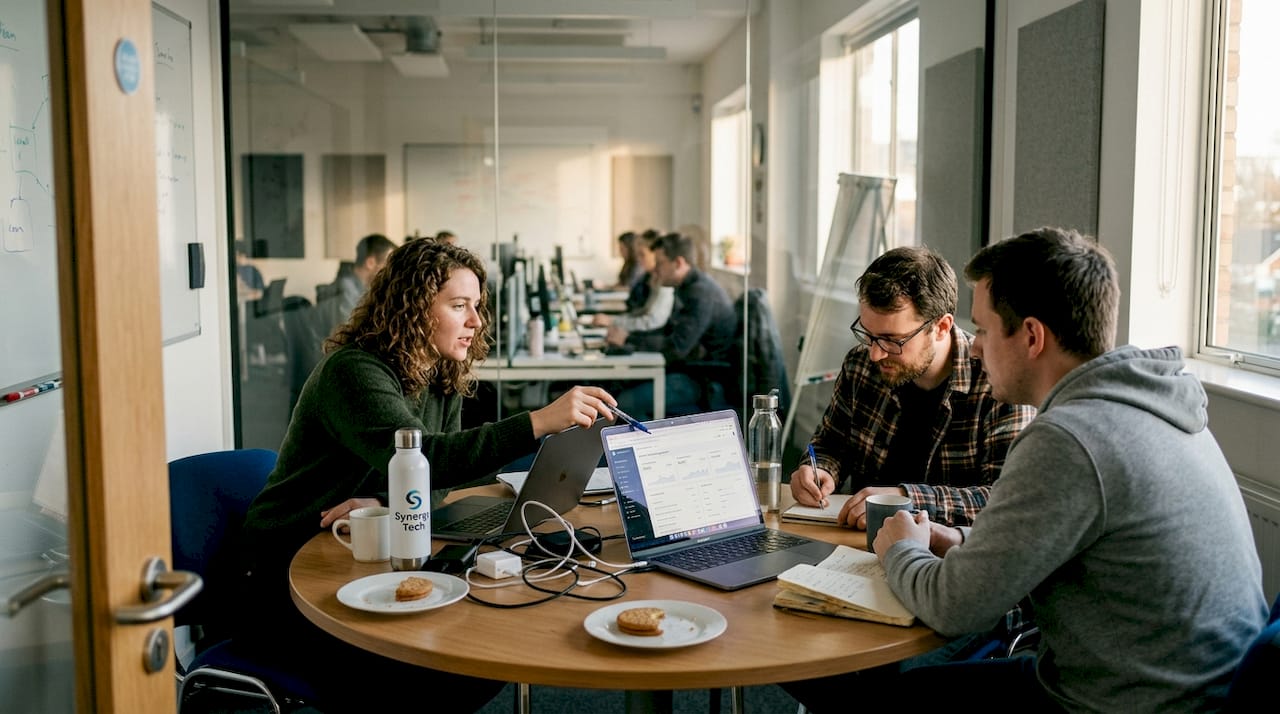 Tech team reviews cloud hosting plan together